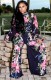 Autumn Black Floral Midi Neck Flare Sleeve Top and High Waist Loose Pants Set