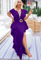 Summer Purple Cloak Short Sleeve Split Ruffled Party Dress