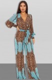 Autumn Leopard Print Puff Sleeve Wrap Loose Jumpsuit with Belt