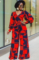 Autumn Red Geometric Print Puff Sleeve Wrap Loose Jumpsuit with Belt