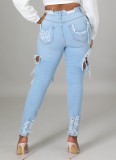 Autumn Light Blue Ripped Knee-exposed High Waist Slim Jeans