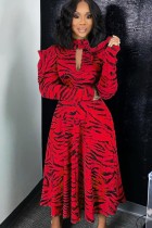 Autumn Red Tiger Stripe High Neck Hollow Out Full Sleeve A-line Long Dress