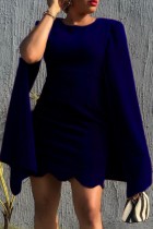Autumn Elegant Blue Round Neck Cloak Sleeve Office Dress with Wave Hem