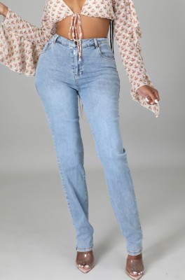 Autumn Light Blue Simple High Wasit Slim Jeans