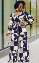 Autumn White Geometric Print Puff Sleeve Wrap Loose Jumpsuit with Belt