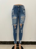 Autumn Dark Blue Ripped Knee-exposed High Waist Slim Jeans