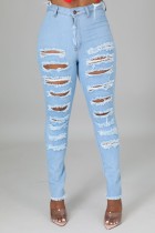 Autumn Light Blue Ripped Hollow Out High Waist Jeans