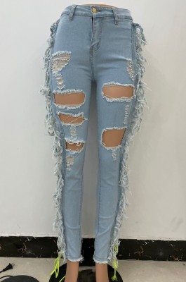 Autumn Light Blue Tassel Ripped Hollow Out Midi Waist Jeans