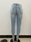 Autumn Light Blue Ripped Knee-exposed High Waist Slim Jeans