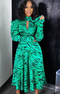 Autumn Cyan Tiger Stripe High Neck Hollow Out Full Sleeve A-line Long Dress