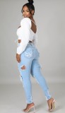 Autumn Light Blue Ripped Knee-exposed High Waist Slim Jeans