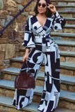 Autumn White Geometric Print Puff Sleeve Wrap Loose Jumpsuit with Belt