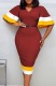 Summer Elegant Contrast Brown V-neck Midi Dress with Flare short Sleeve