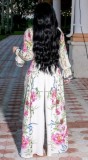 Autumn White Floral Midi Neck Flare Sleeve Top and High Waist Loose Pants Set