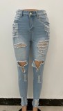 Autumn Light Blue Ripped Knee-exposed High Waist Slim Jeans