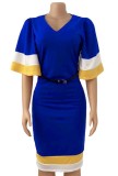Summer Elegant Contrast Blue V-neck Midi Dress with Flare short Sleeve
