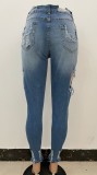 Autumn Dark Blue Ripped Knee-exposed High Waist Slim Jeans