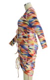 Autumn Plus Size Multi Color Drawstring Hollow Out Long Sleeve Midi Dress