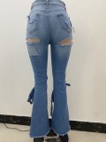 Autumn Blue Ripped Hollow Out Front Split Knot Jeans
