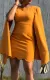 Autumn Elegant Ginger Round Neck Cloak Sleeve Office Dress with Wave Hem