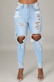 Autumn Light Blue Ripped Knee-exposed High Waist Slim Jeans