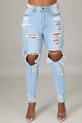 Autumn Light Blue Ripped Knee-exposed High Waist Slim Jeans