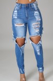 Autumn Dark Blue Ripped Knee-exposed High Waist Slim Jeans