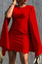 Autumn Elegant Red Round Neck Cloak Sleeve Office Dress with Wave Hem