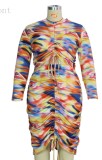 Autumn Plus Size Multi Color Drawstring Hollow Out Long Sleeve Midi Dress