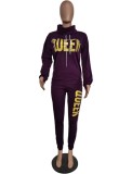 Fall Letter Print Purple High Neck 2 Piece Tracksuit