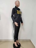 Fall Letter Print Black High Neck 2 Piece Tracksuit