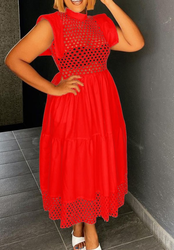 Fall Red Hollow Out Sexy Long Skater Dress