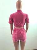 Fall Pink Velvet Crop Top and Shorts 2 Piece Tracksuit