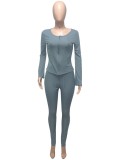 Fall Grey Fitted Knit Zipper Crop Top and Pants Set