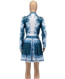 Fall Print Retro Blouse and Pleated Skirt Set