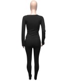 Fall Black Fitted Knit Zipper Crop Top and Pants Set