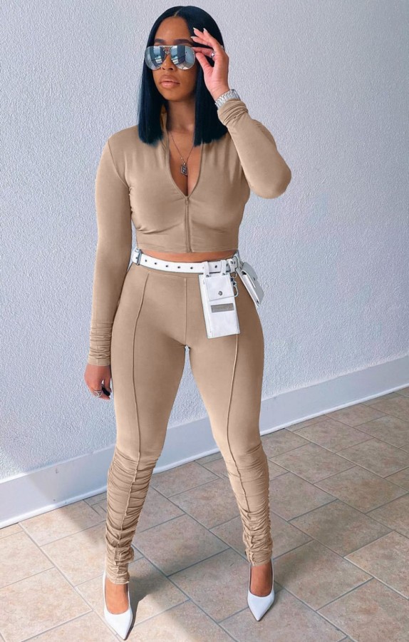 Fall Khaki Crop Top and Pants 2 Piece Tracksuit