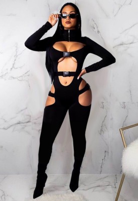 Fall Sexy Black Cut Out Turtleneck Bodycon Jumpsuit