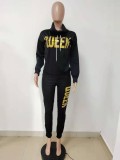 Fall Letter Print Black High Neck 2 Piece Tracksuit