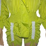 Fall Green Ruched Strings Long Sleeve Party Rompers