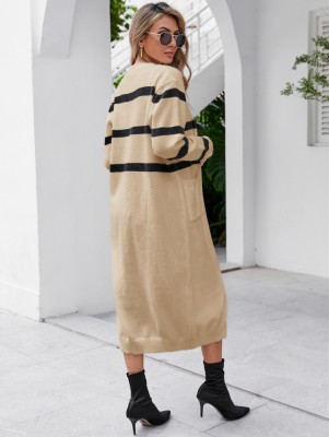 Fall Casual Khaki Stripes Long Cardigans with Pockets