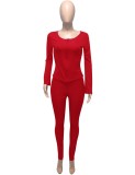 Fall Red Fitted Knit Zipper Crop Top and Pants Set