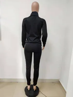Fall Letter Print Black High Neck 2 Piece Tracksuit