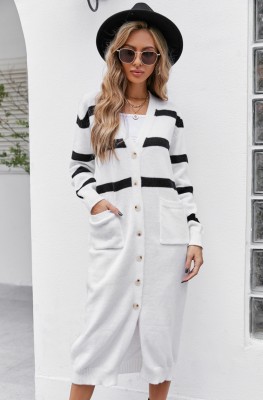 Fall Casual White Stripes Long Cardigans with Pockets