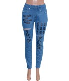Fall Print Blue Fitted High Waist Ripped Jeans