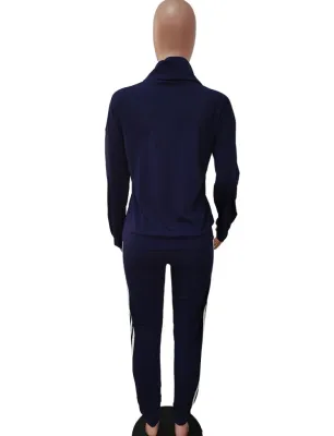 Fall Letter Print Blue High Neck 2 Piece Tracksuit