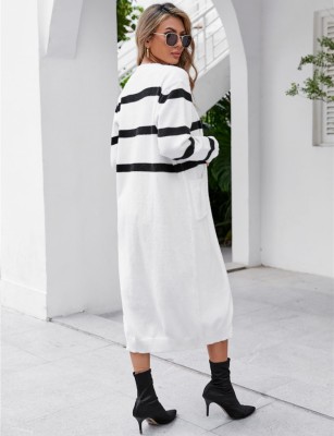 Fall Casual White Stripes Long Cardigans with Pockets