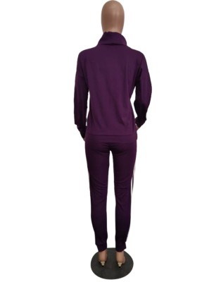 Fall Letter Print Purple High Neck 2 Piece Tracksuit