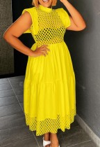 Fall Yellow Hollow Out Sexy Long Skater Dress