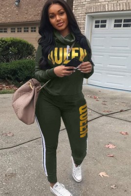 Fall Letter Print Green High Neck 2 Piece Tracksuit